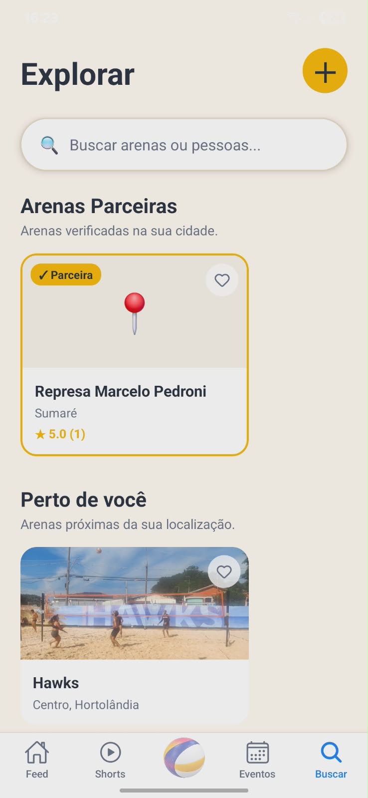 Tela Explorar do Sideout com destaque para o botão de adicionar arena