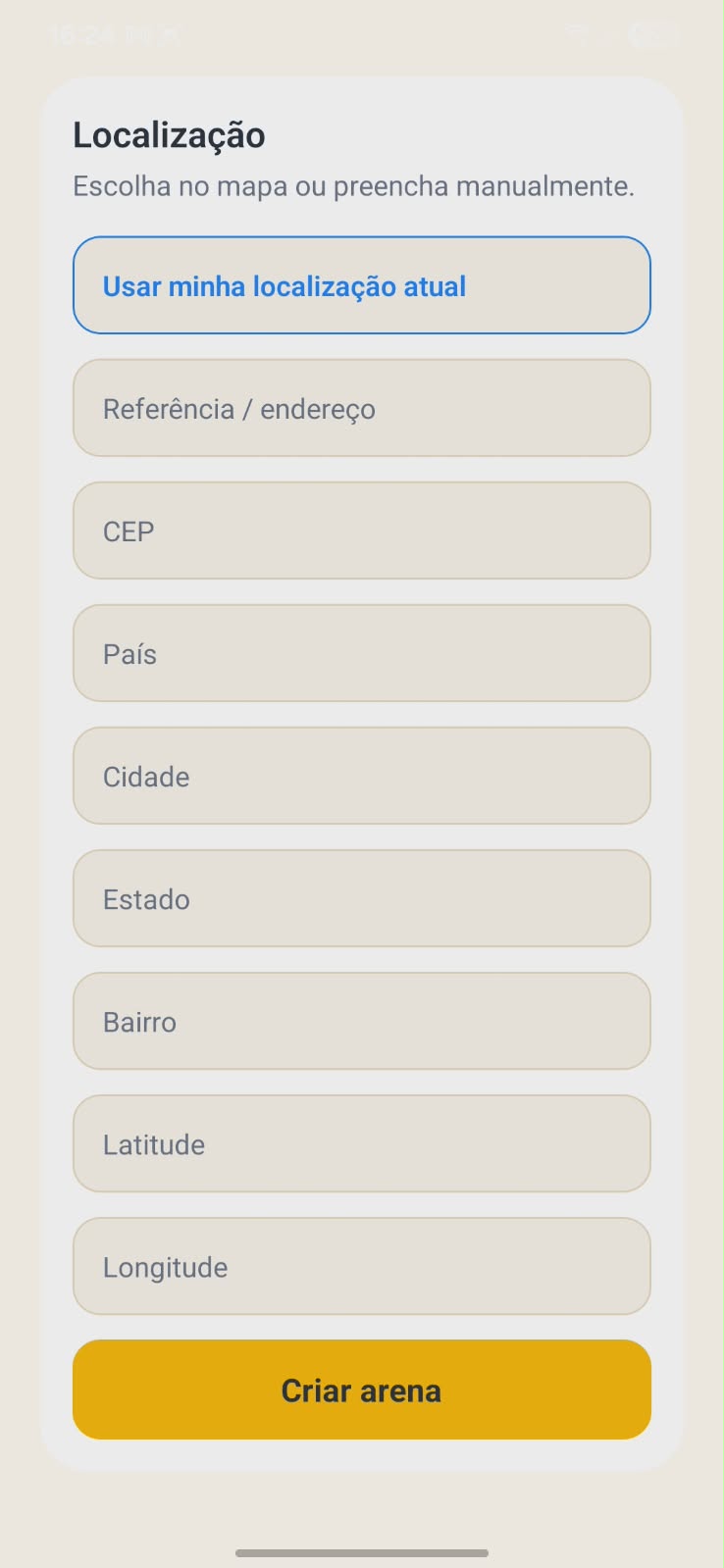 Seção de localização do cadastro de arena com botão para criar arena