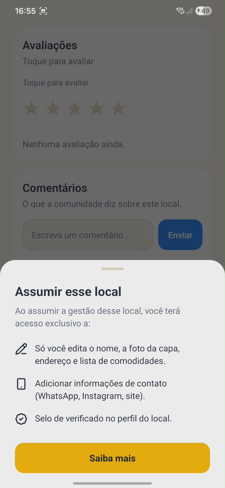Modal com benefícios para assumir a gestão de uma arena