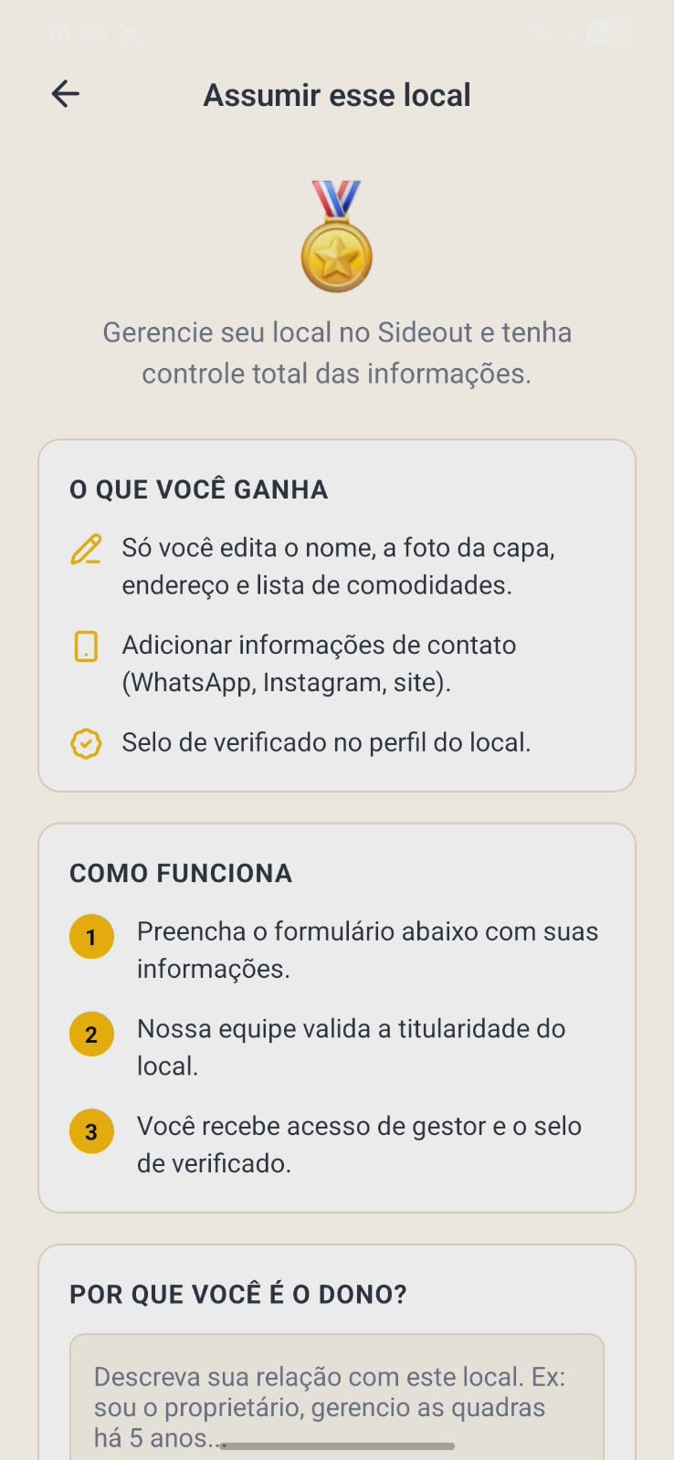Formulário para explicar a relação do usuário com a arena