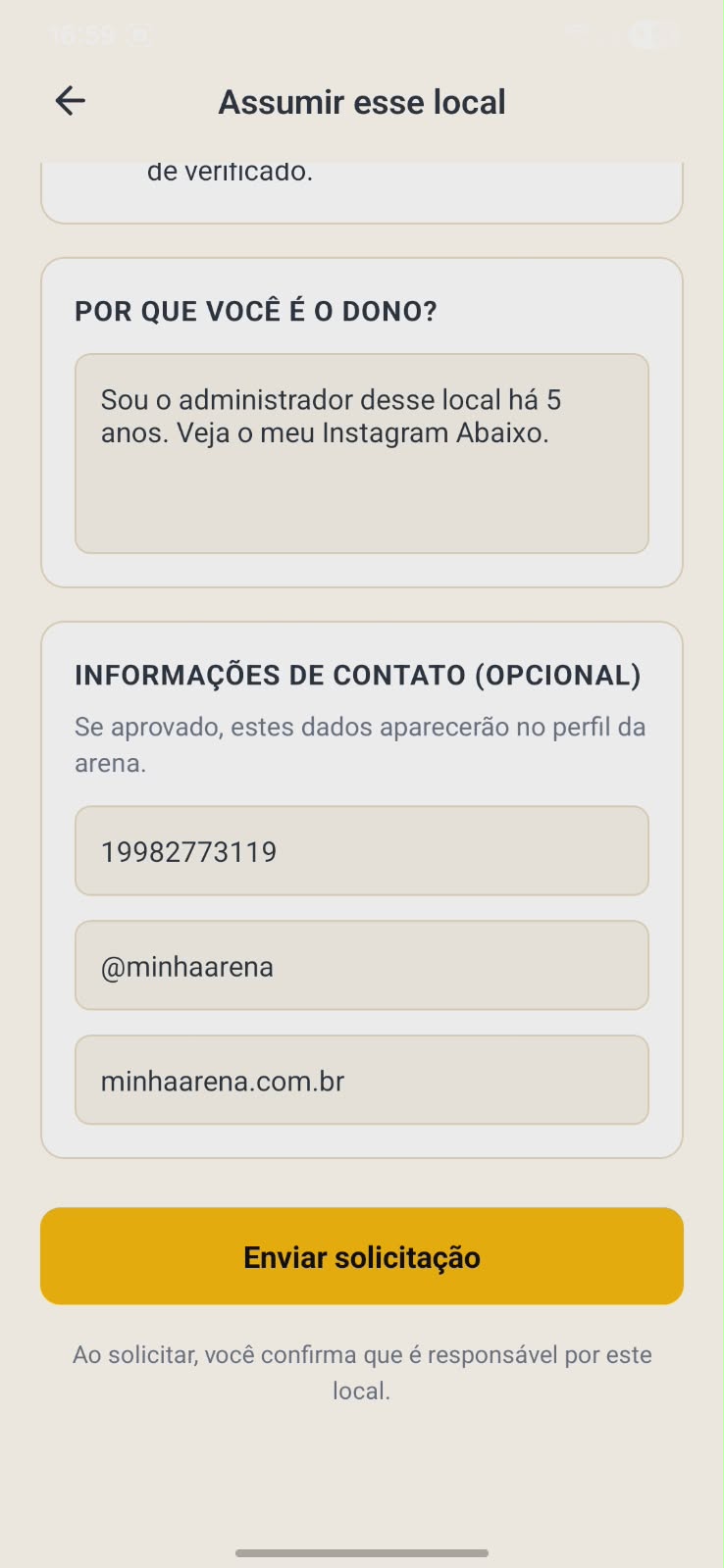 Campos de contato e botão para enviar solicitação de arena
